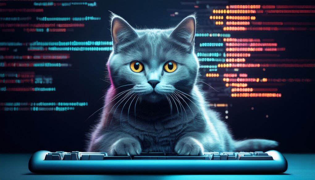 A gray cat sitting on a keyboard with React code snippets.