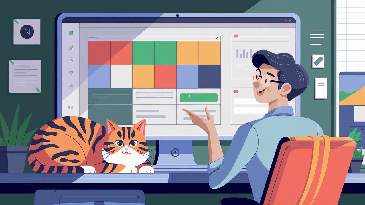 Interactive grid layout demonstration with developer and cat