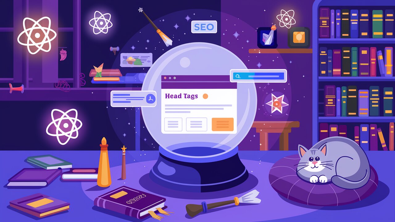 Magical SEO workshop with React logos and a crystal ball showing dynamic head tags