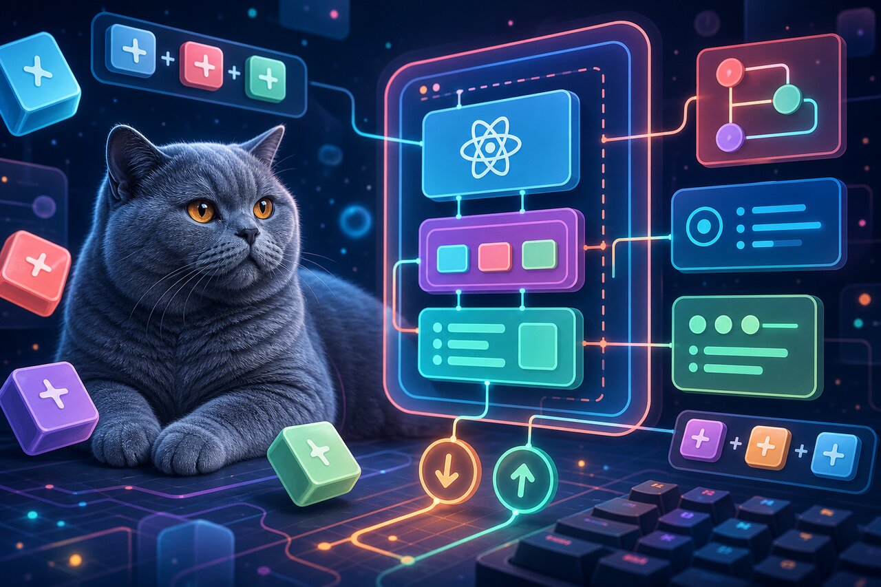 A glowing mechanical keyboard with floating modifier-key labels and a gray-blue British shorthair cat watching from a windowsill.