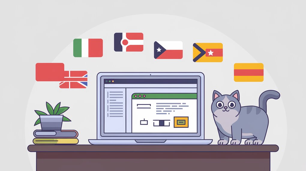 React Intl library in a React app with international flags and a gray cat.