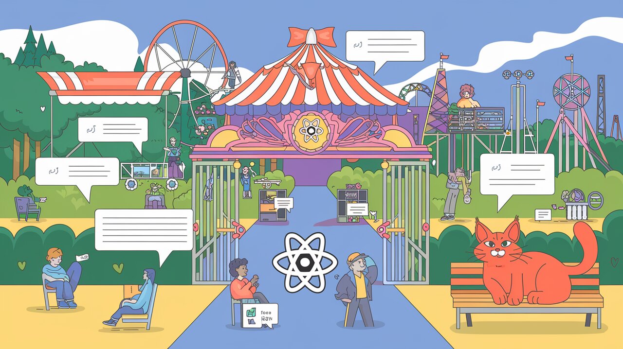 Amusement park themed illustration of React Joyride guiding users through app features