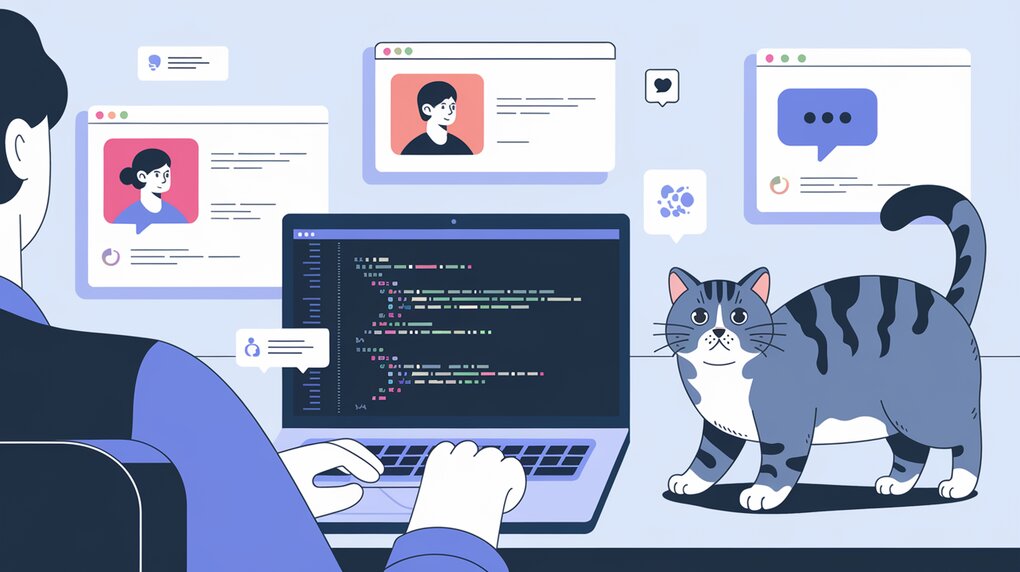 Developer integrating chat widgets using react-live-chat-loader with a gray cat observing.