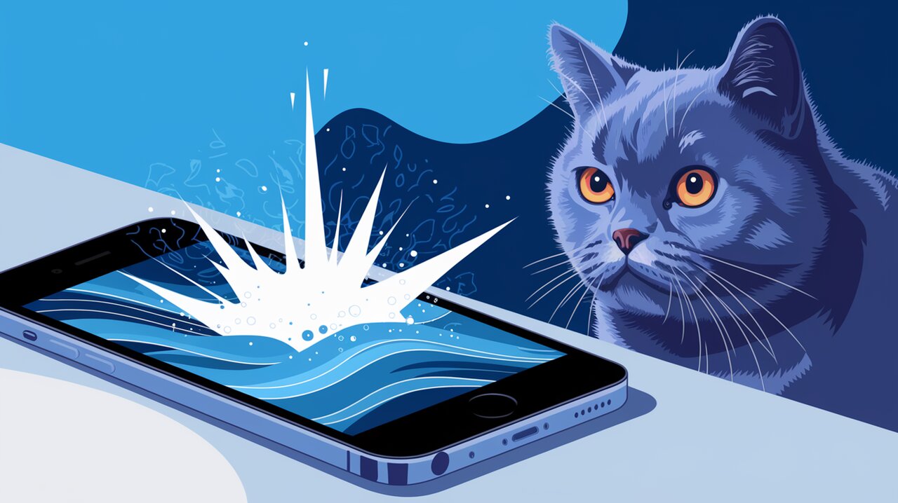 App splash screen with digital effects and a British shorthair cat.