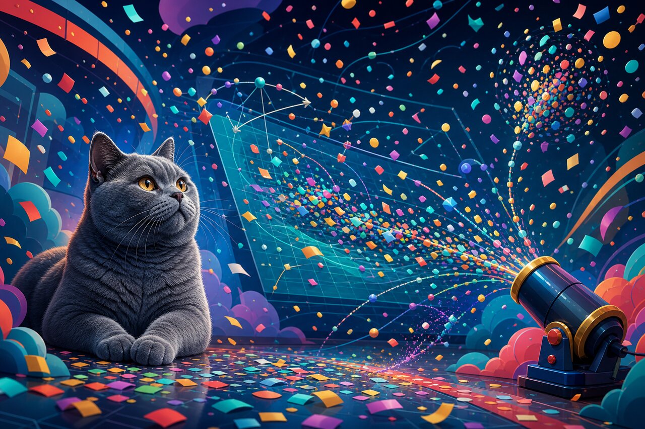 A phone screen bursting with colorful confetti on a developer's desk, with a gray-blue cat watching nearby.