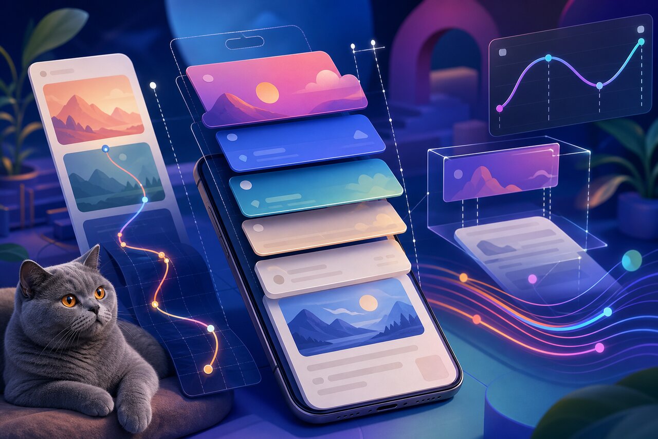 A phone showing a collapsing profile header on a desk, with a gray-blue British shorthair cat watching nearby.