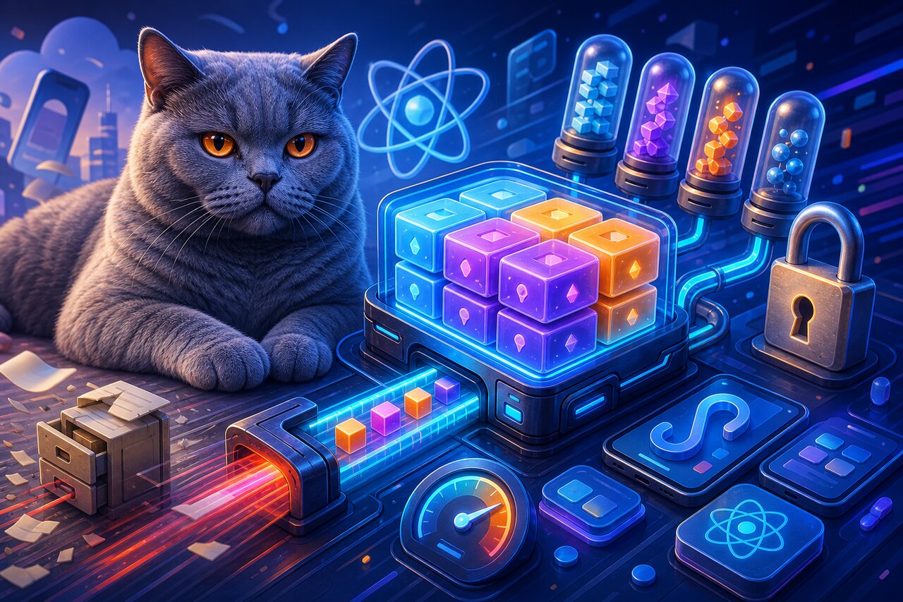 A glowing smartphone on a desk representing fast storage, with a gray-blue British shorthair cat resting in the background.
