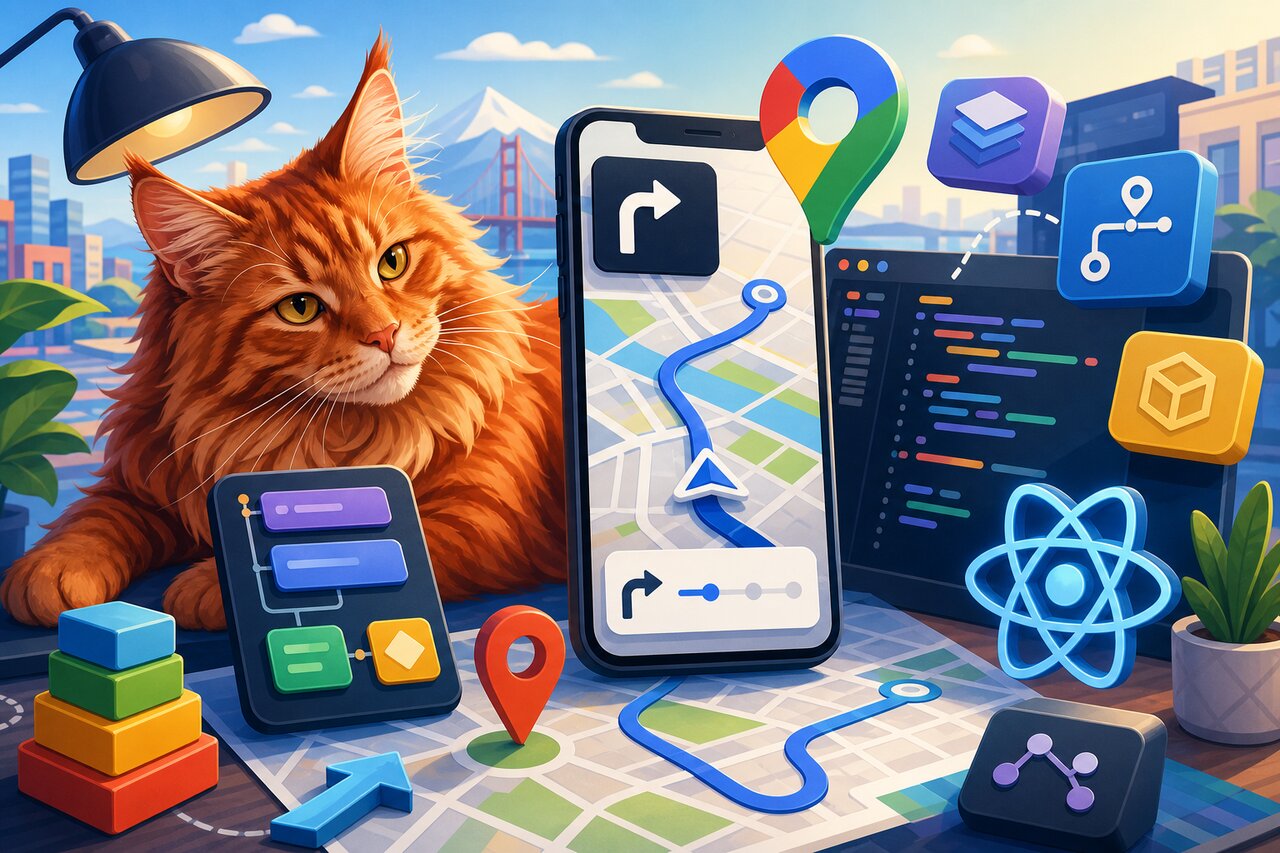 A dashboard-mounted phone showing Google Maps turn-by-turn navigation with a large red Maine Coon cat riding in the passenger seat.