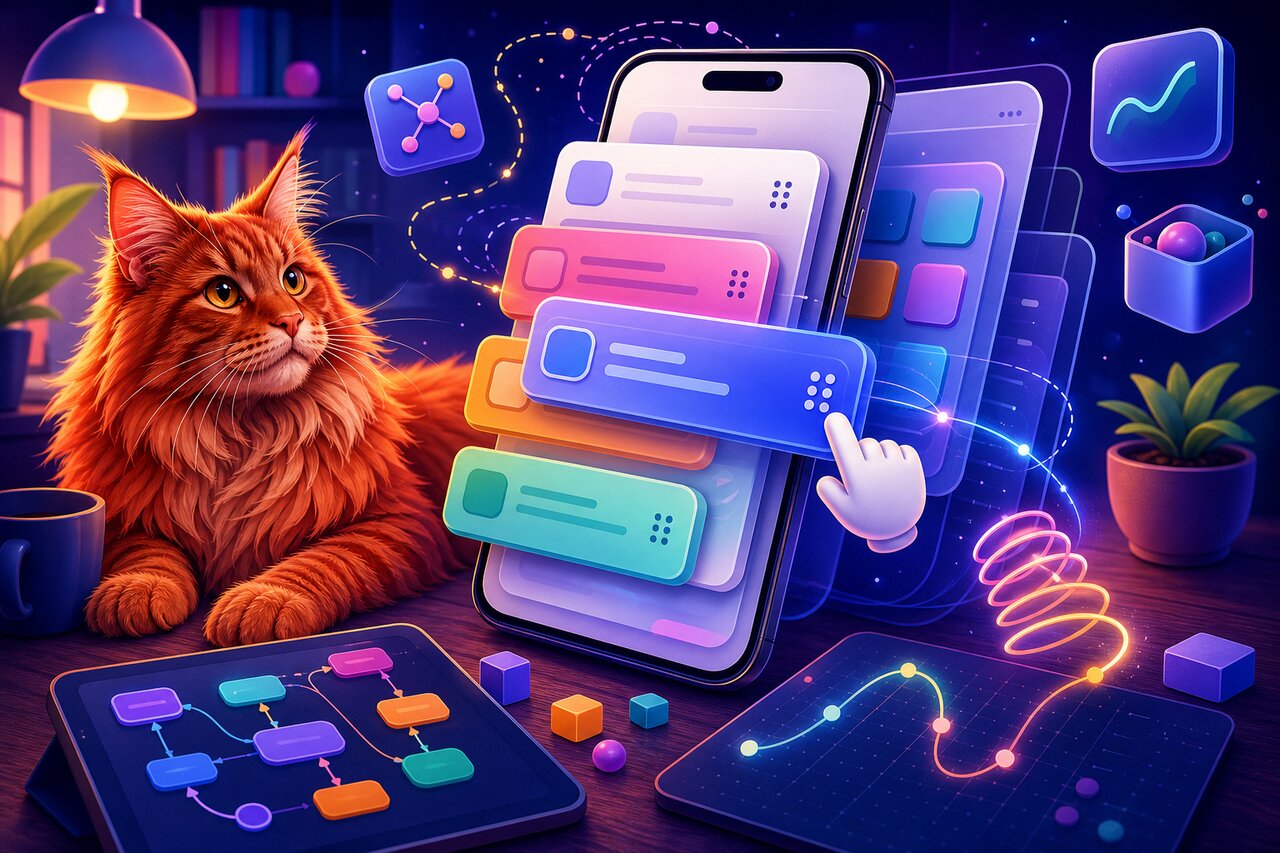 Colorful UI cards gliding between drop zones on a phone-shaped workbench with a relaxed red Maine Coon cat in the background.