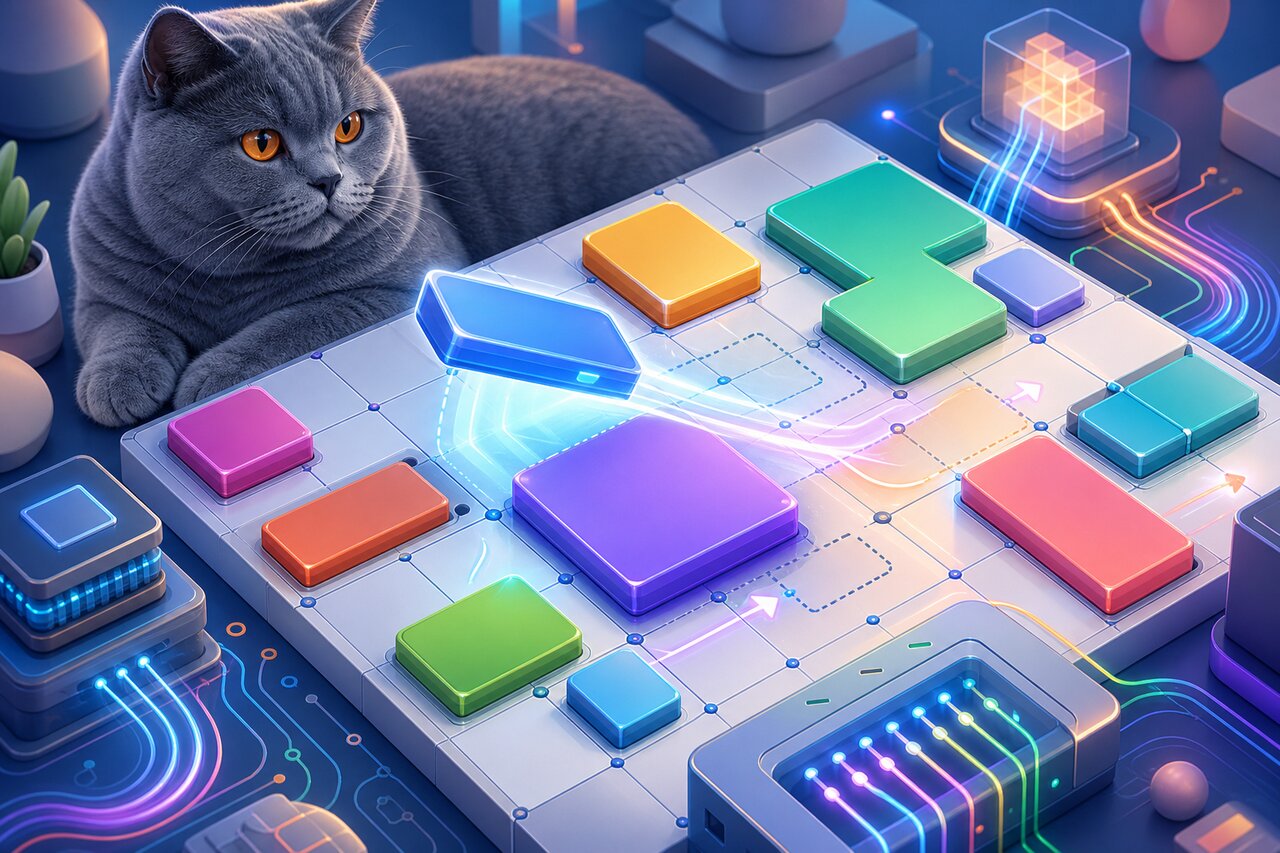 A phone showing a colorful draggable grid of tiles mid-reshuffle, with a calm gray-blue cat watching in the background.