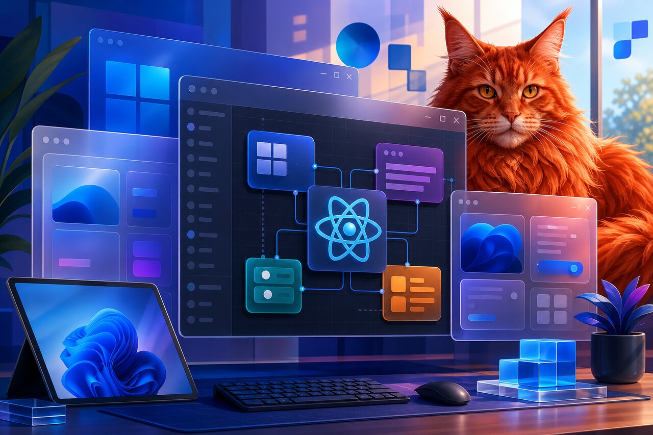 A native Windows desktop app on a monitor with a large red Maine Coon cat resting on the desk nearby.