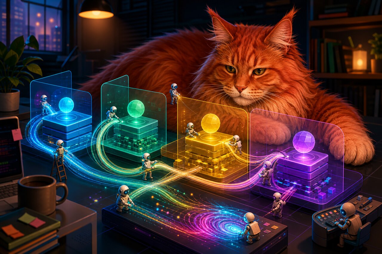 Parallel conveyor belts moving glowing code parcels between workstations, with a large red Maine Coon cat resting nearby.