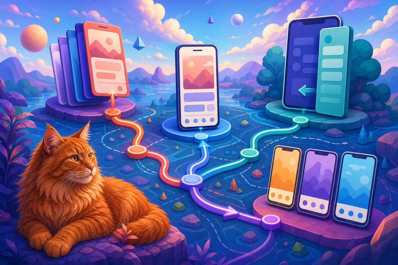 A hand-drawn map of connected routes on a desk with a large red maine coon cat resting nearby.