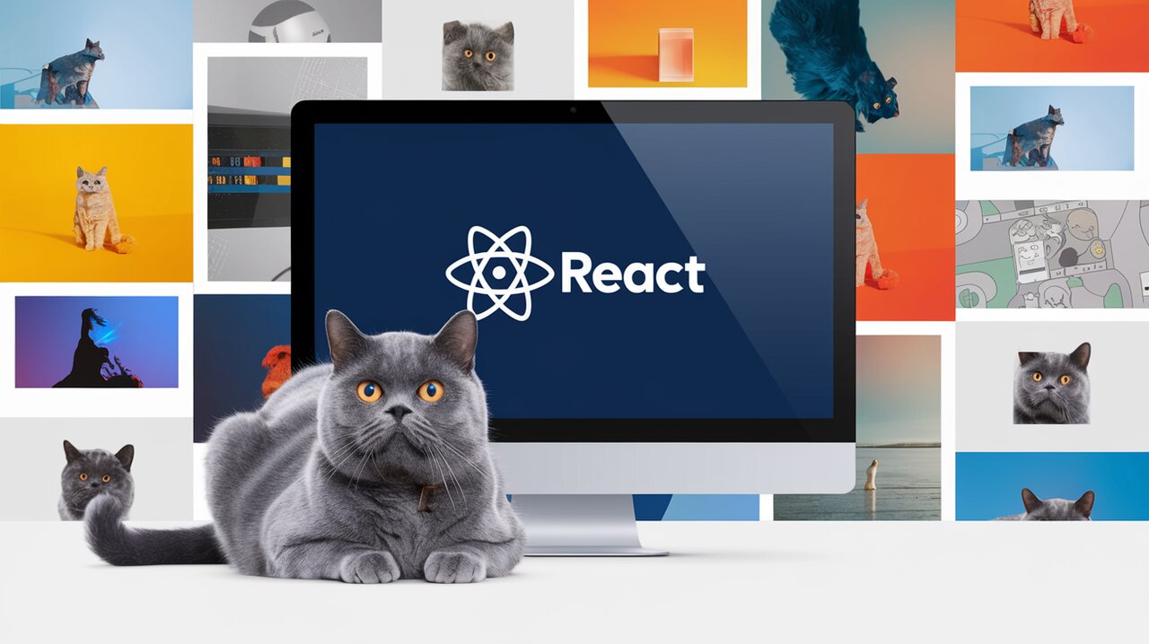 Responsive photo gallery with React logo and British shorthair cat