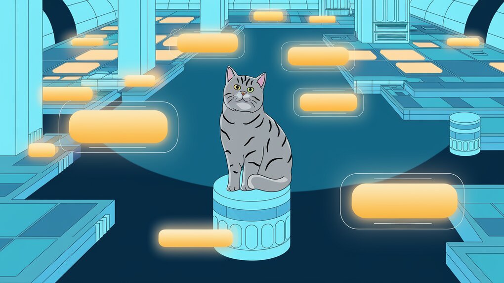 A gray cat sitting on a futuristic cityscape with placeholders.