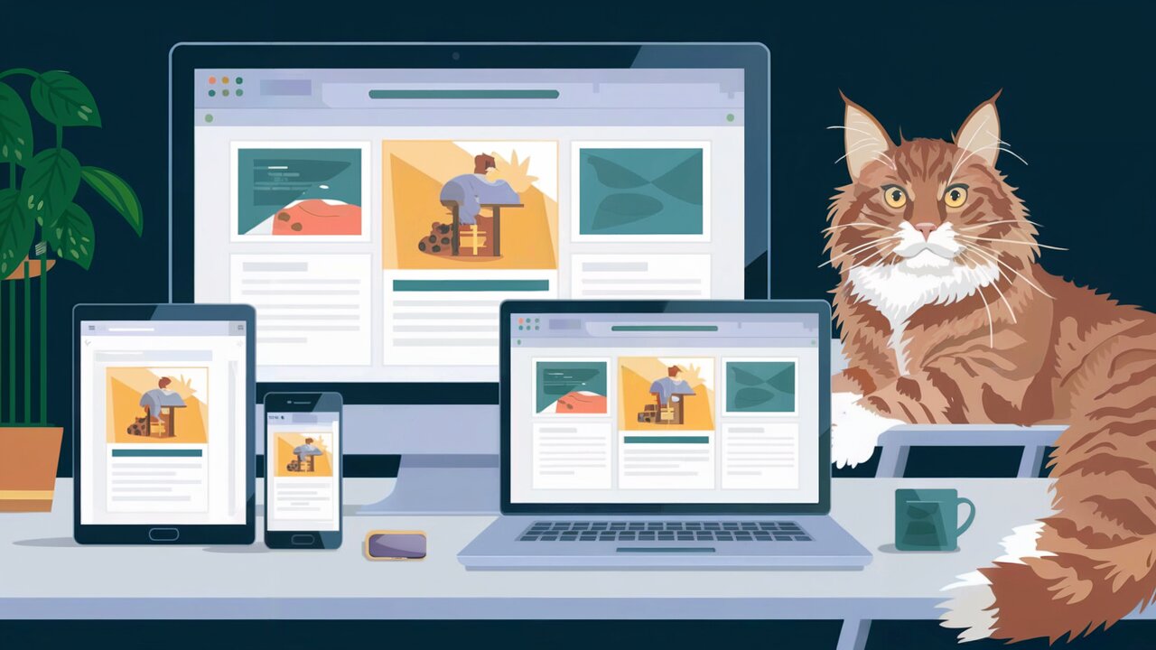 Responsive web design across multiple devices with a cat in the background