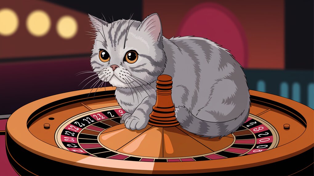 A gray cat sitting on a roulette wheel, looking at the spinning numbers