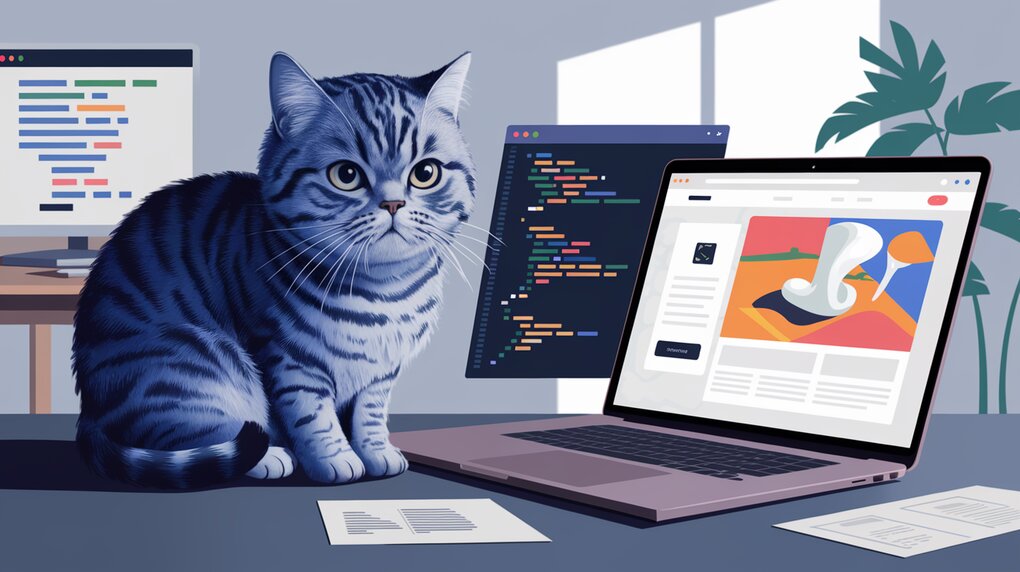 A gray cat sitting on a desk, surrounded by code snippets and a laptop screen displaying a React app with smooth animations.