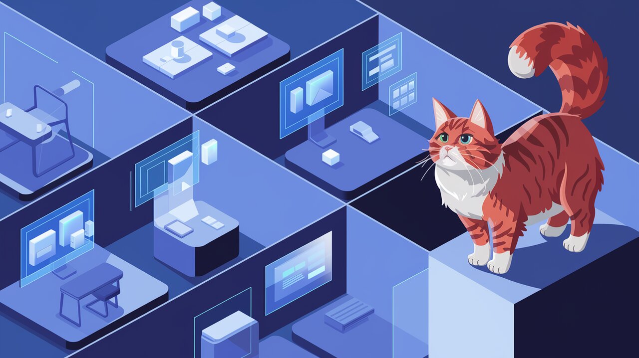 Futuristic office space divided into UI sections with a maine coon cat observing