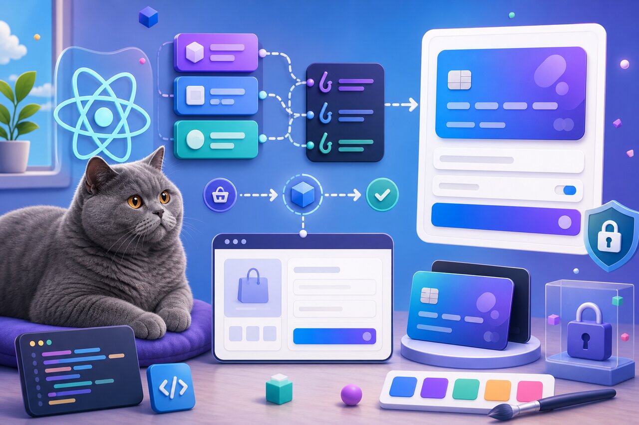 A glowing checkout form on a laptop in a warm home office, with a gray-blue cat sleeping in the corner.
