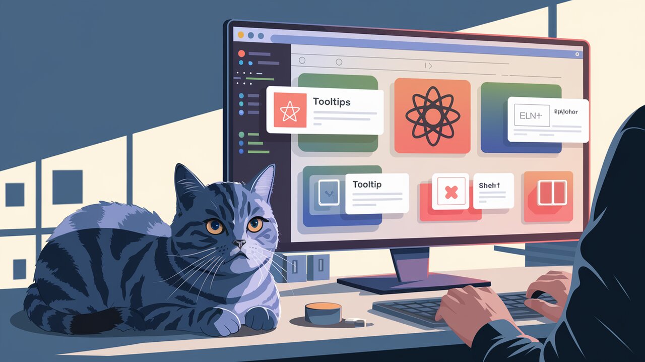 React application with tooltips and a cat observing