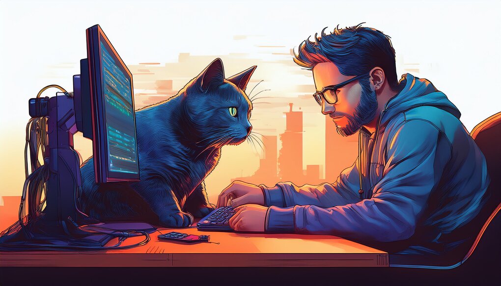 Developer coding with react-use hooks and a British shorthair cat