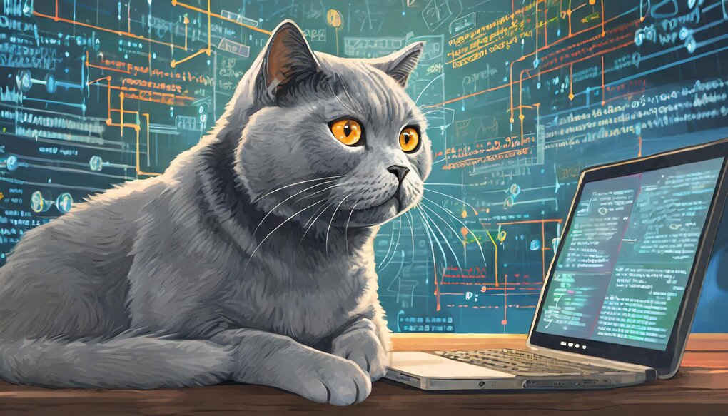 A gray cat sitting on a desk, surrounded by code snippets and a laptop.