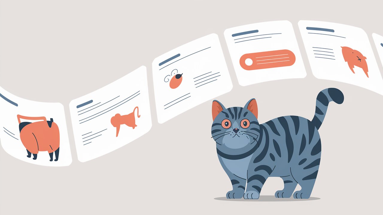 Animated elements using react-web-animation with a gray-blue British shorthair cat observing.