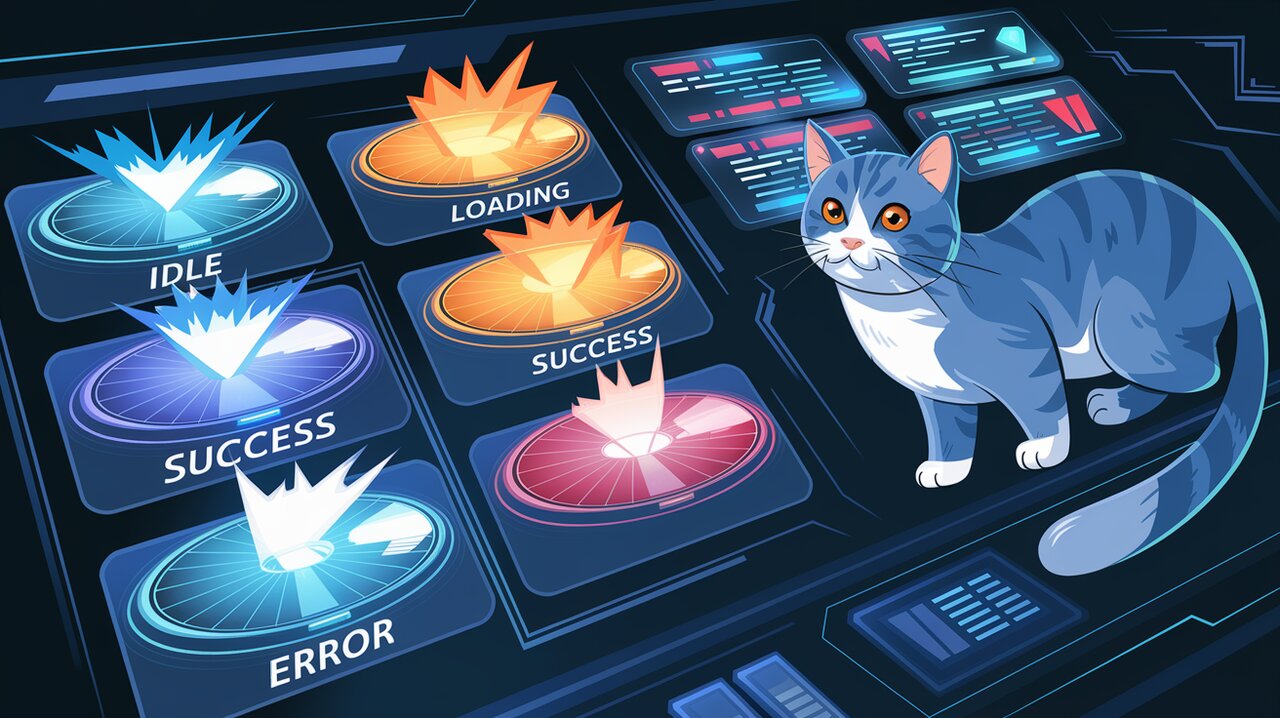 Futuristic control panel with 3D animated buttons and a observant cat