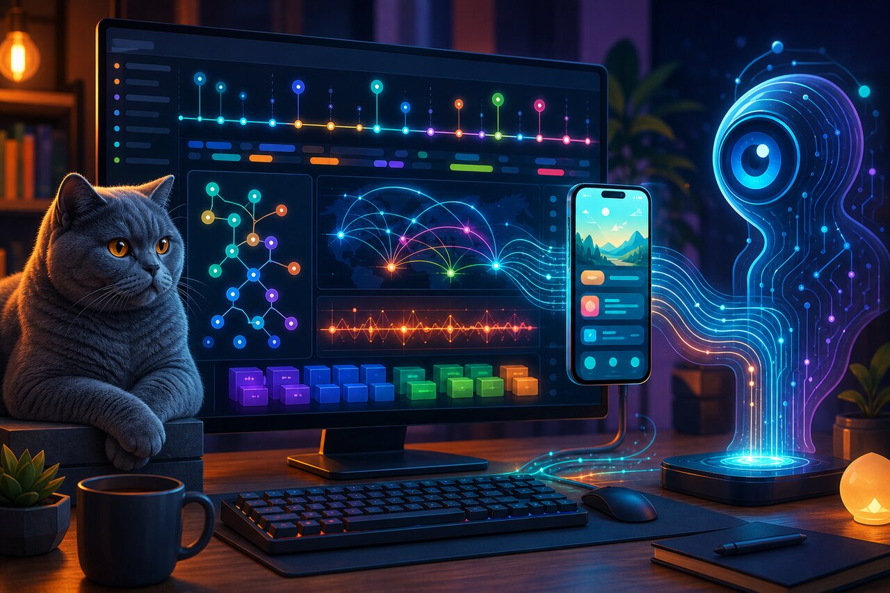 A developer's desk with a monitor showing an app event timeline, a phone running an app, and a gray-blue cat watching from the corner.