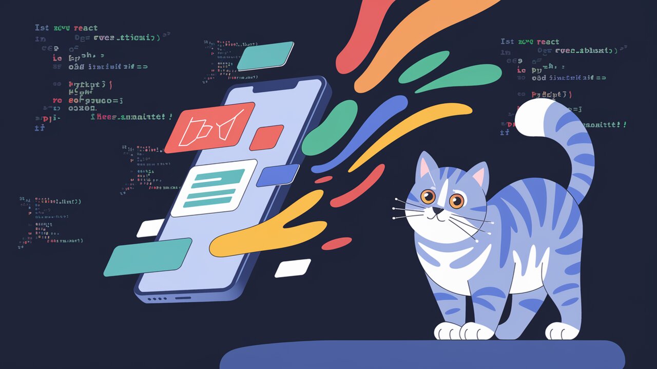 Animated smartphone UI with flowing shapes and code, observed by a British shorthair cat