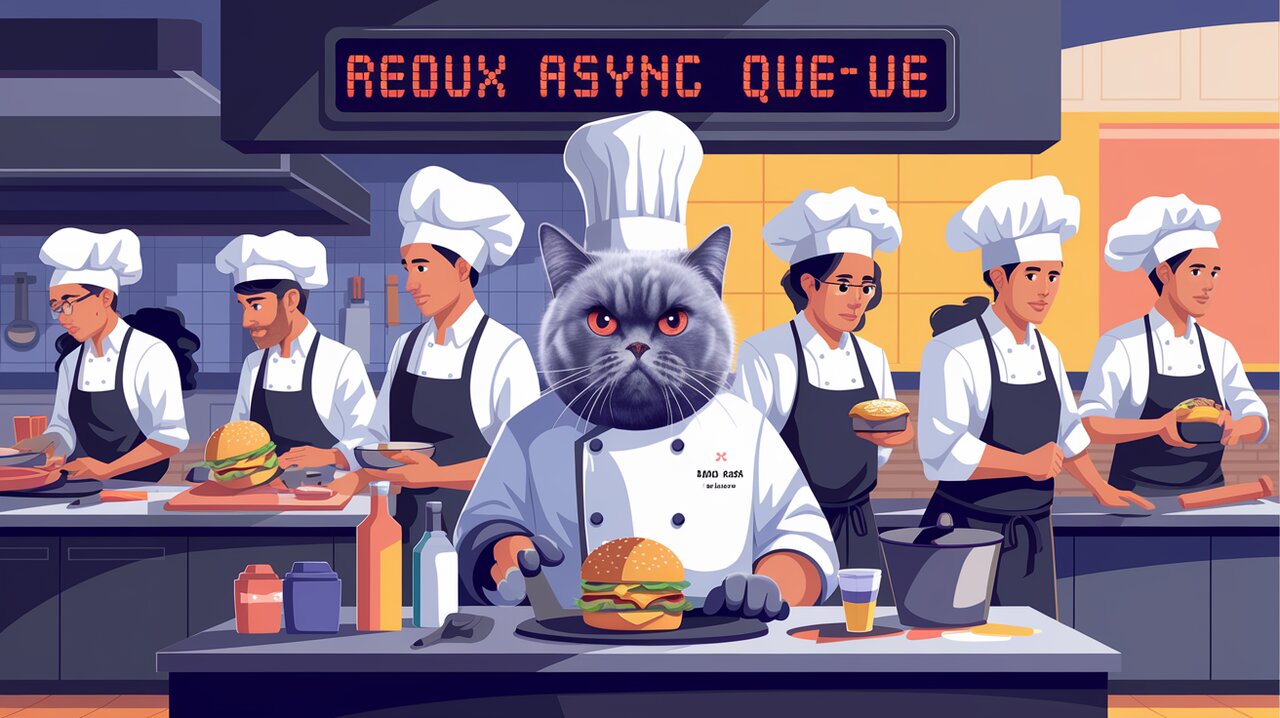 Illustration of a kitchen representing Redux Async Queue managing asynchronous actions