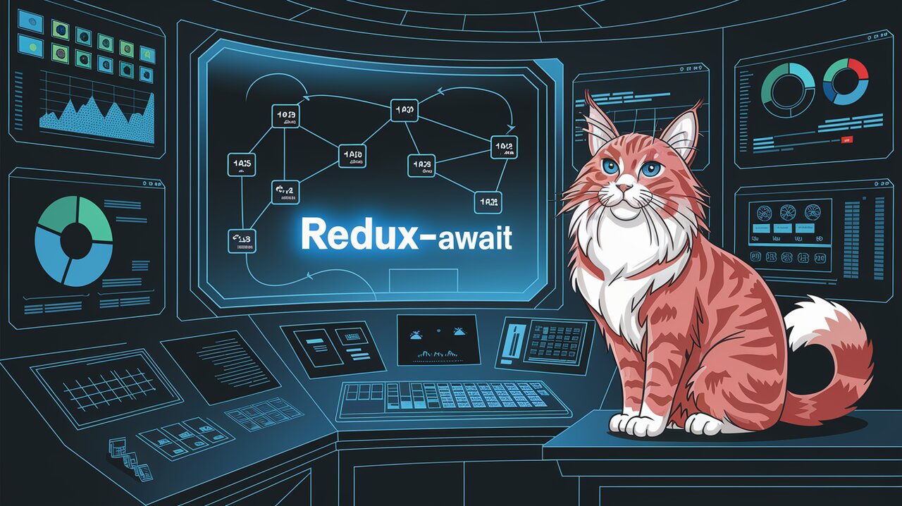 Futuristic Redux-Await control room with holographic displays and a maine coon cat