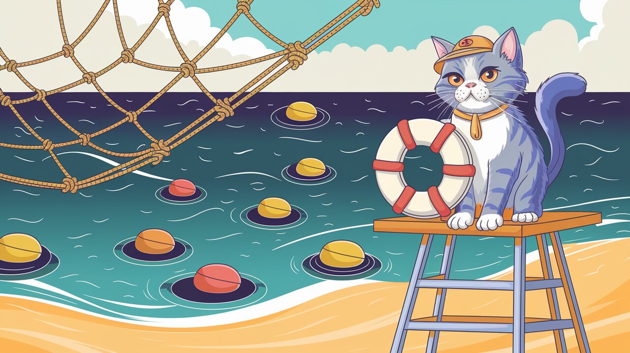 Redux error handling visualized as a cat lifeguard overseeing a beach