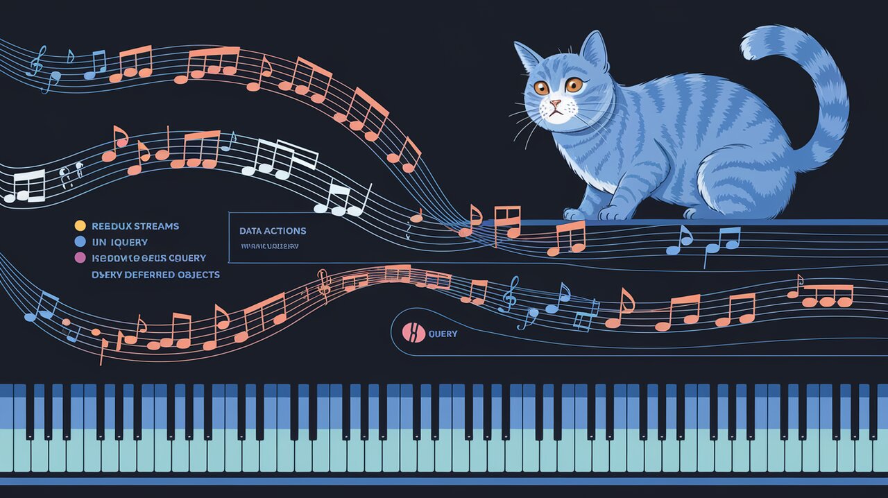 Orchestral score with data streams and a British shorthair cat