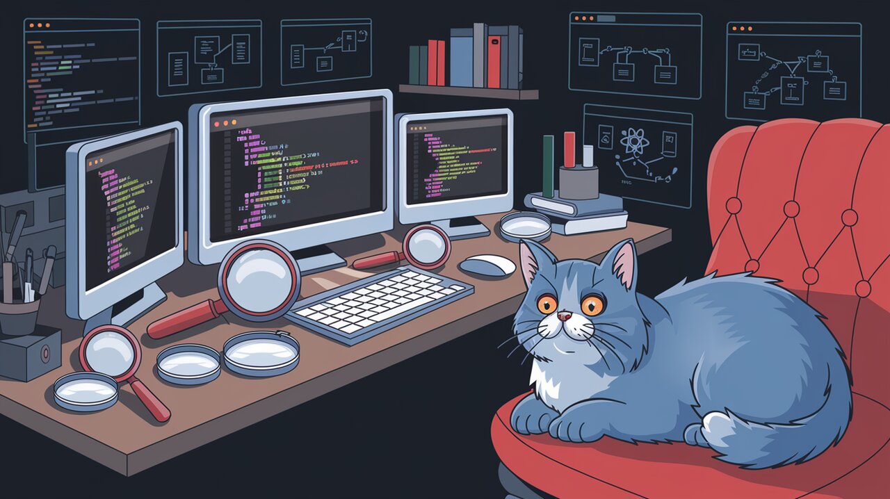 Detective's office with Redux state diffs on screens and a British shorthair cat