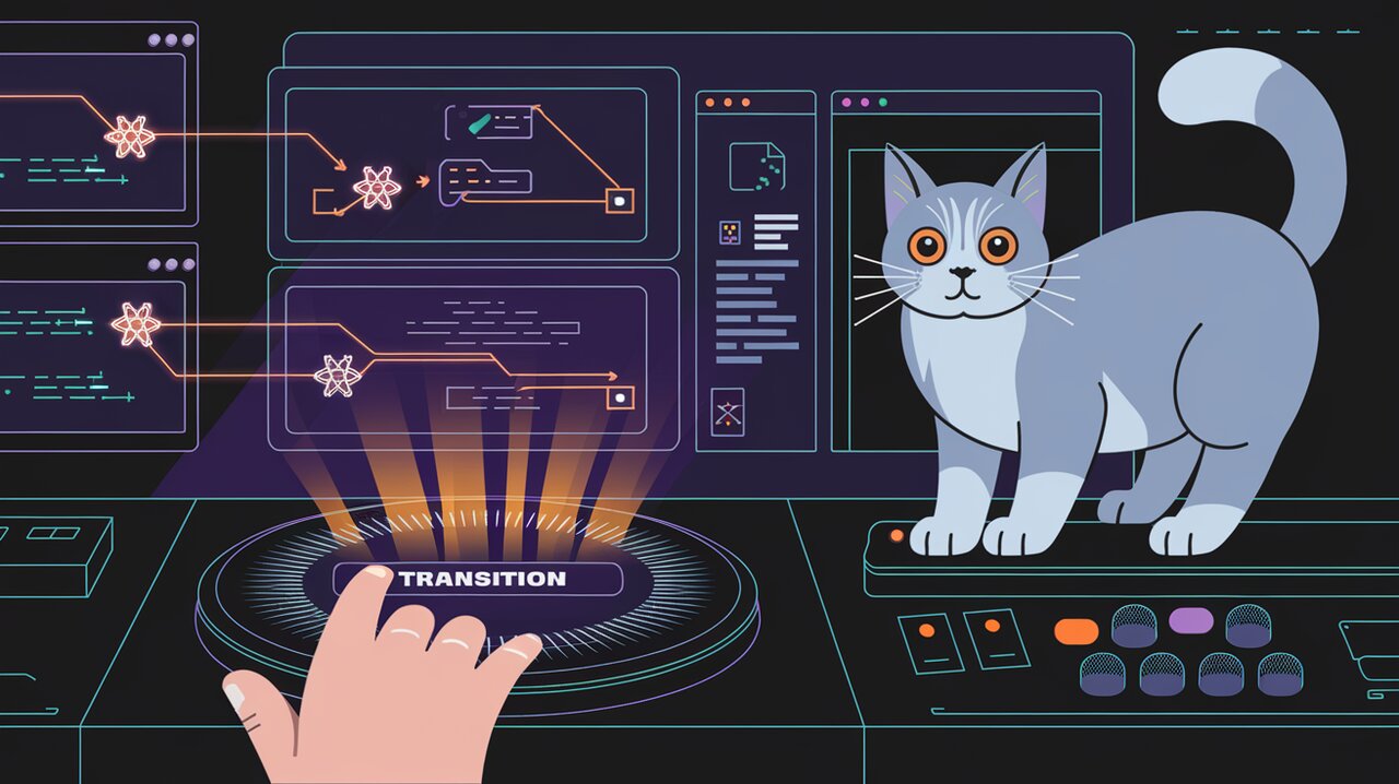 Futuristic control panel for Redux history transitions with observing cat