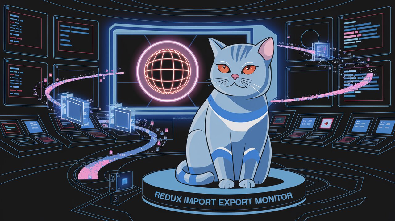 Futuristic Redux control room with time-travel portals and a British shorthair cat