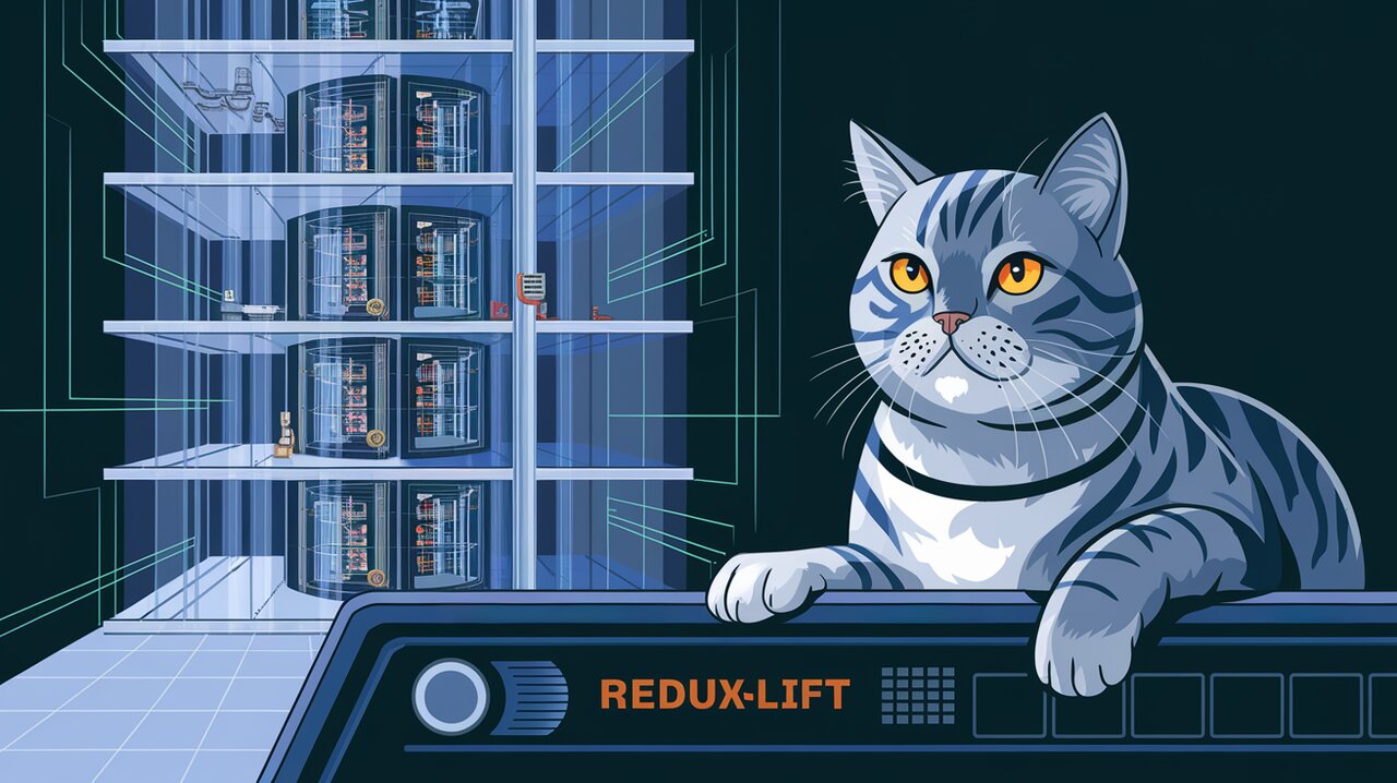 Futuristic elevator system representing Redux-Lift's state management