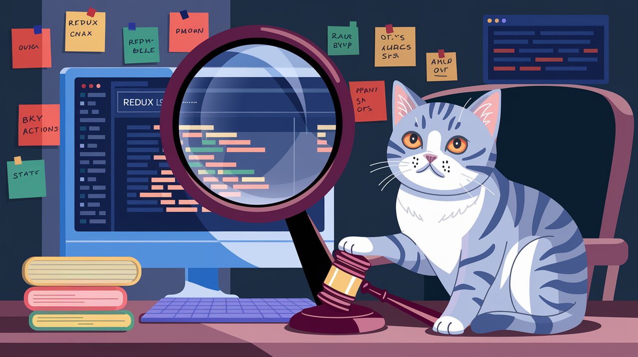 Redux Logger detective scene with cat