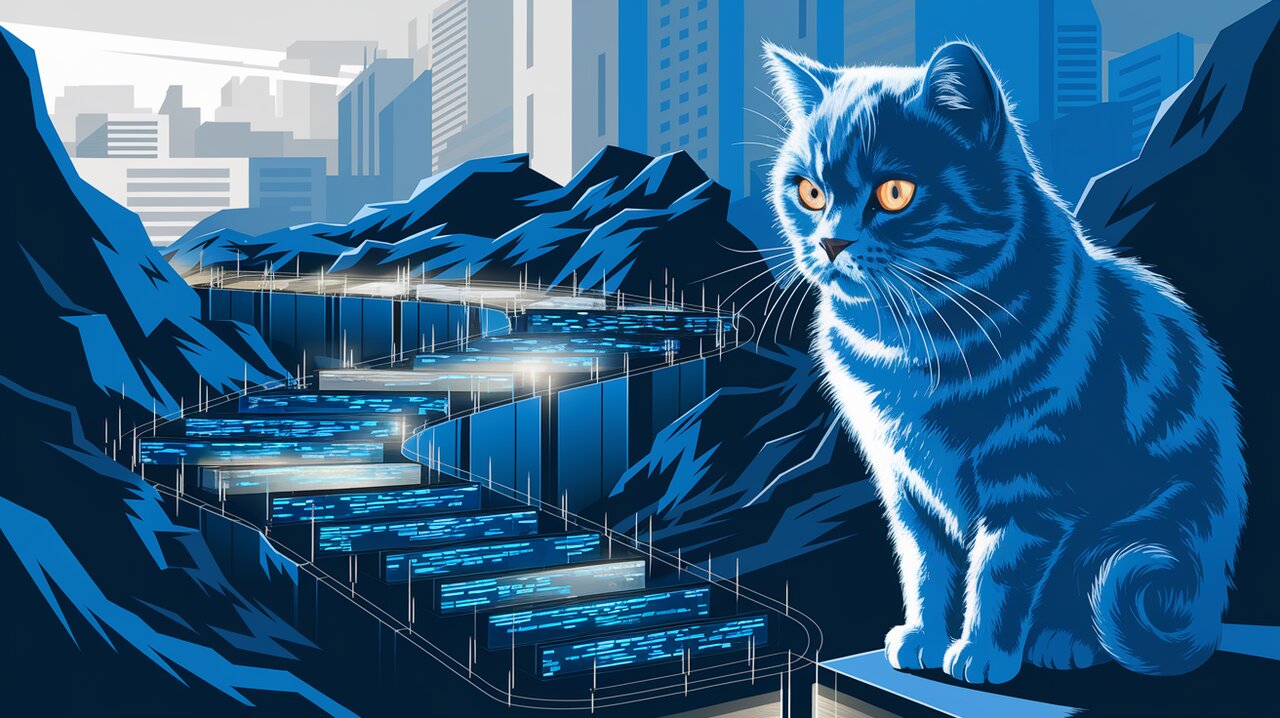 Futuristic cityscape with data streams and a British shorthair cat