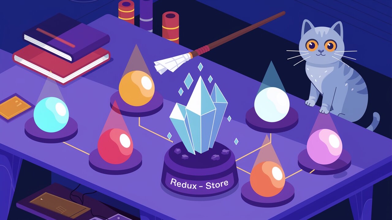 Magical workshop with glowing orbs representing view states, connected to a central crystal, with a wizard's wand hovering above