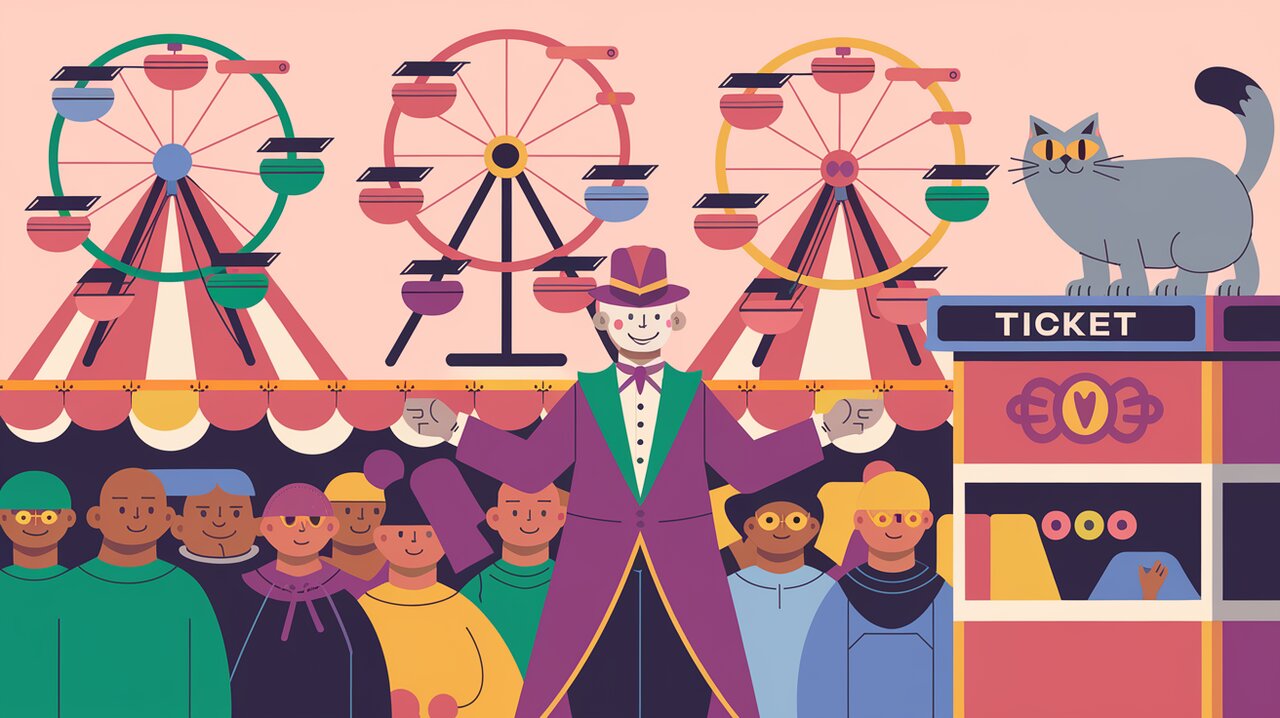 Carnival scene with multiple Ferris wheels representing Redux actions, orchestrated by a ringmaster symbolizing redux-multi middleware