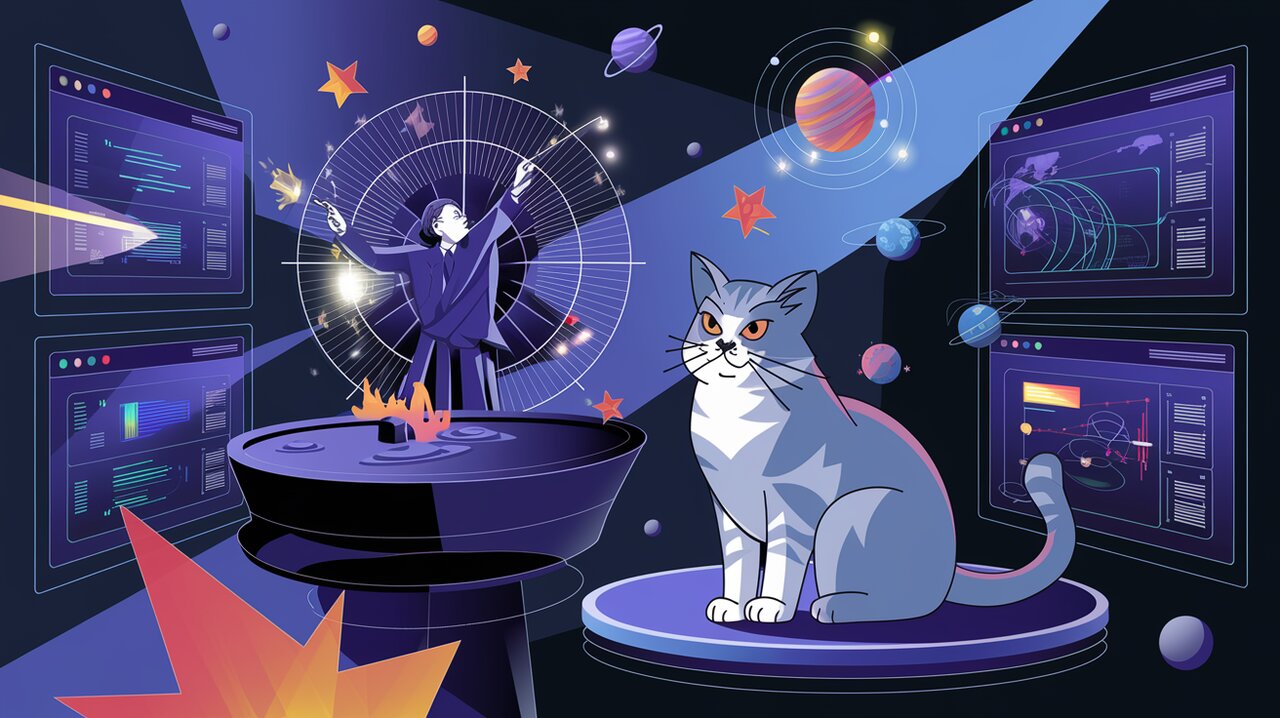 Cosmic control room with data streams and a cat observing