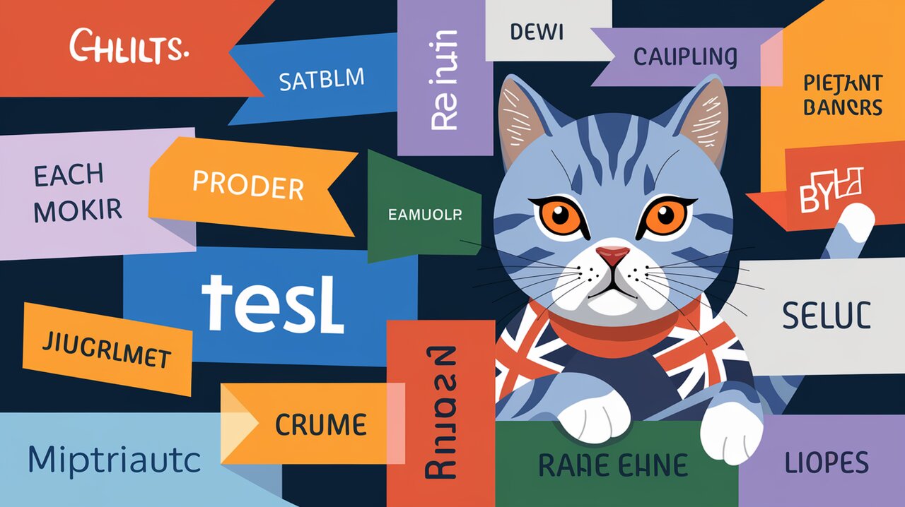 International marketplace scene with diverse languages and a British shorthair cat.