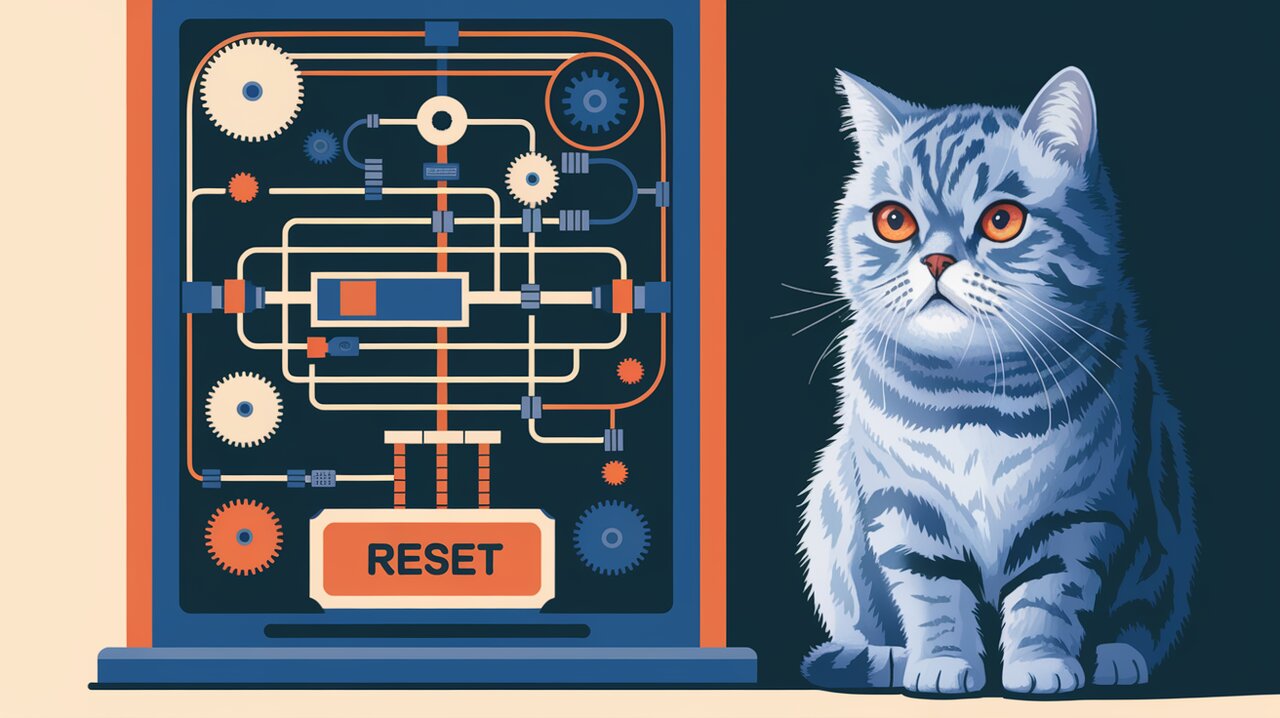 Rube Goldberg machine with a reset button, representing Redux-Recycle's state management simplification