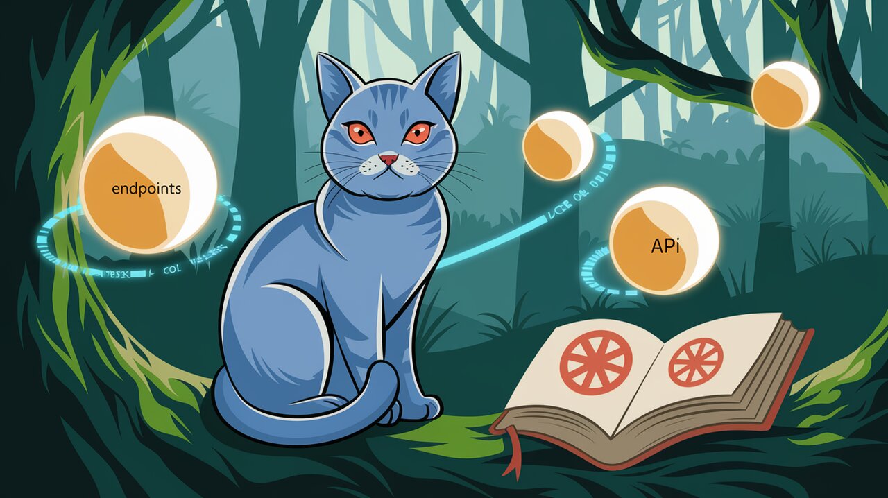 Magical forest scene with API orbs and a regal cat representing Redux-Rest