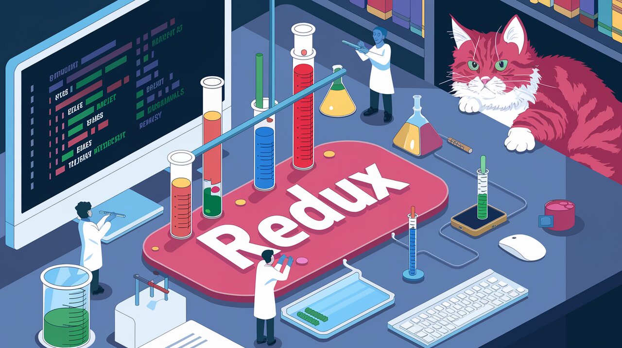 Miniature scientists testing Redux states in a laboratory setting