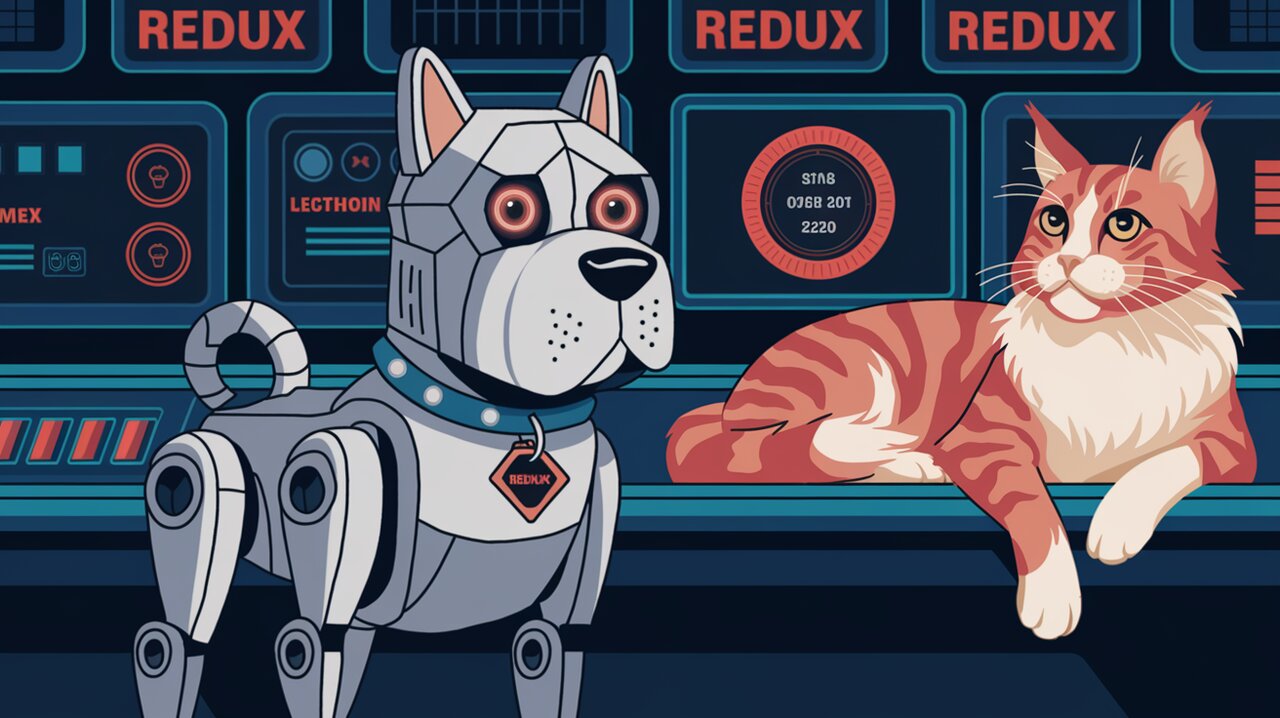 Futuristic control room with Redux action displays and a robotic watchdog