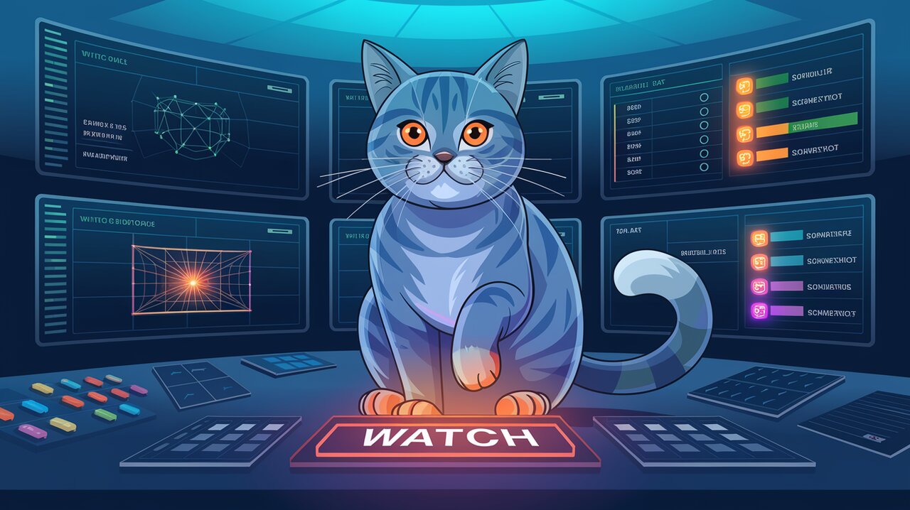 Futuristic control room with a cat monitoring Redux state changes